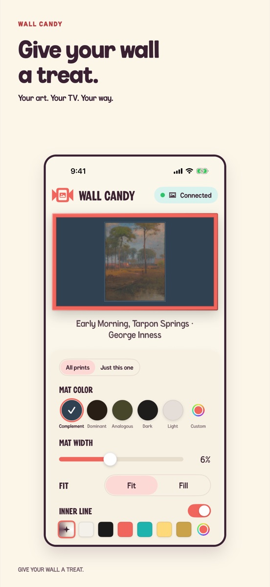 Wall Candy's studio, connected to Samsung The Frame: George Inness's Early Morning, Tarpon Springs in a dark mat, with controls for mat color, mat width, fit and inner line.