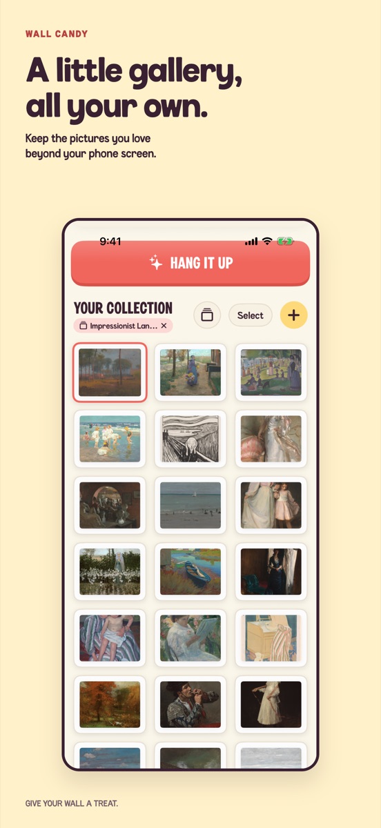 Your Collection in Wall Candy: a grid of paintings including Seurat's A Sunday on La Grande Jatte, Munch's The Scream and works by Cassatt and Sargent.