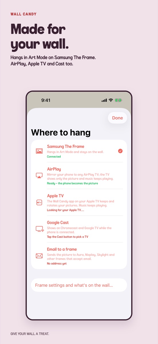 Wall Candy's Where to hang sheet: Samsung The Frame checked and connected, with AirPlay, Apple TV, Google Cast and Email to a frame below.