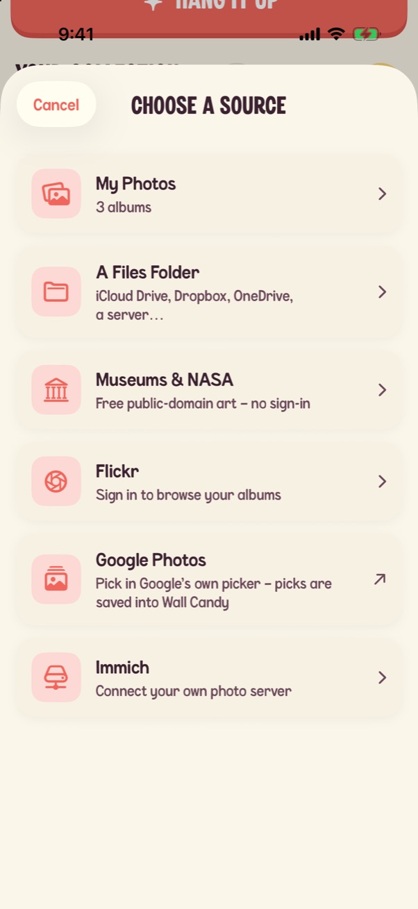 Wall Candy's Choose a source screen: My Photos, A Files Folder, Museums & NASA, Flickr, Google Photos and Immich.